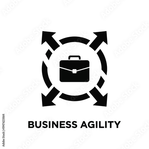 A minimalist graphic depicts a briefcase centered within a circular arrangement of arrows symbolizing business agility and dynamic movement high quality professional detailed modern