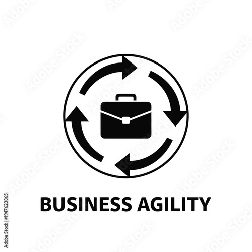 This graphic depicts a black briefcase icon encircled by four arrows in a circular motion representing business agility concepts high quality professional detailed modern