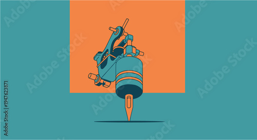 Stylized graphic illustration of a modern tattoo machine with a needle, rendered in a bold, minimalist aesthetic against a contrasting background.