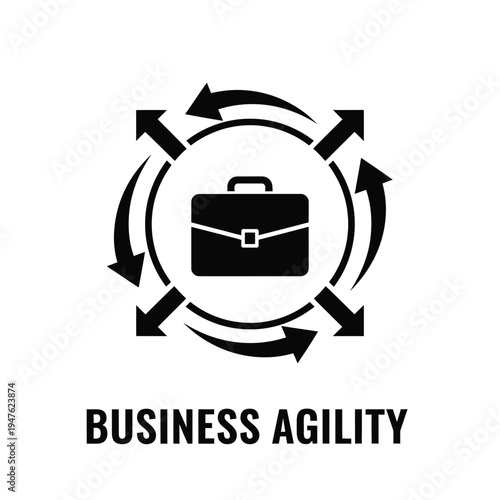 A black and white graphic depicts a briefcase encircled by dynamic arrows symbolizing business agility and continuous workflow processes high quality professional detailed modern elegant stylish