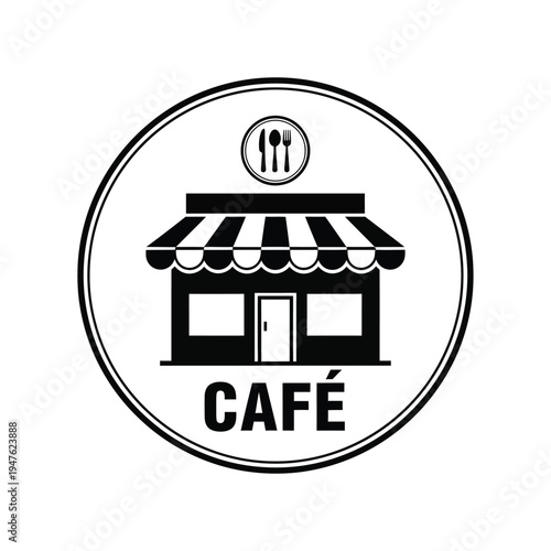 A black and white circular logo depicts a caf storefront with cutlery icons above conveying a dining or restaurant establishment high quality professional detailed modern elegant