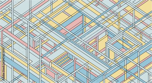 Abstract geometric pattern featuring a complex network of intersecting lines and colorful pastel shapes, creating an intricate, modern design.