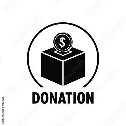 A simple black and white graphic depicts a donation box with a coin entering accompanied by the word donation below it high quality professional detailed modern