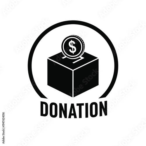 A simple black and white graphic depicts a donation box with a coin entering it accompanied by the word donation below high quality professional detailed modern