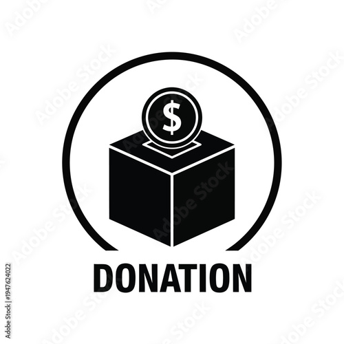 A minimalistic black and white graphic depicts a donation box with a coin symbolizing charitable giving and financial support high quality professional detailed modern