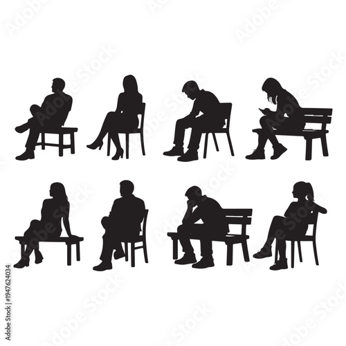 Silhouettes of Men, Women, and Teenagers Sitting on Benches and Chairs