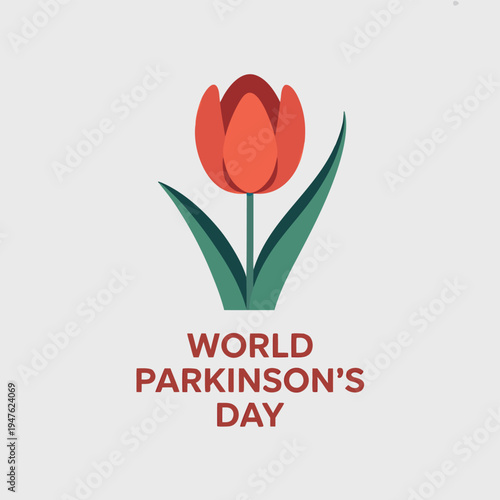 A simple illustration of a red tulip with green leaves and text promoting parkinson s day
