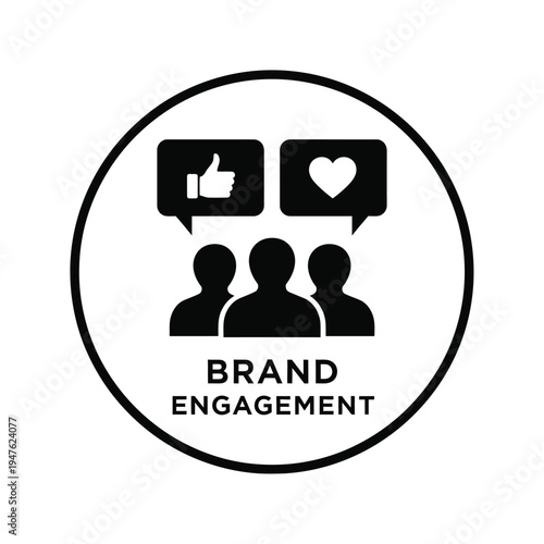 A black and white graphic illustrates social media engagement with speech bubbles thumbs up a heart and silhouettes of people high quality professional detailed