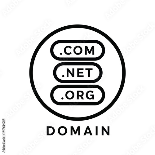 A black and white graphic depicts three common internet domain extensions com net and org within a circular frame alongside