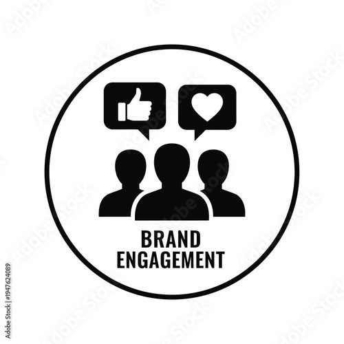 This graphic depicts three silhouetted figures with speech bubbles containing a thumbs up and a heart suggesting brand engagement high quality professional detailed modern elegant