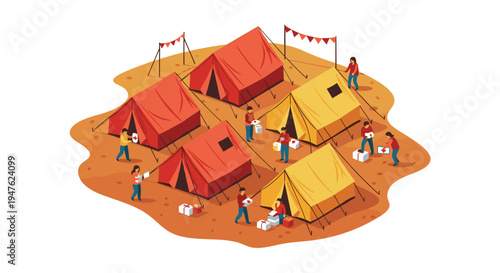 A vibrant illustration captures a bustling refugee camp with numerous tents and people actively engaged in relief efforts, highlighting humanitarian aid and community support.