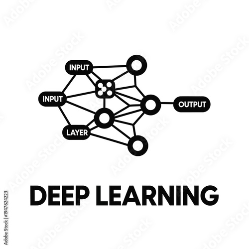 A simplified black and white diagram illustrates a neural network with input layer and output nodes connected by lines high quality professional detailed modern