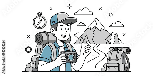 Adventurous Traveler with Camera Exploring Mountains and Trails