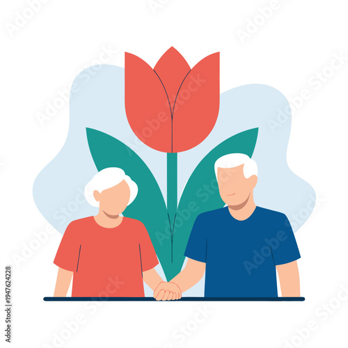 An elderly couple holds hands in front of a vibrant red tulip illustration high quality