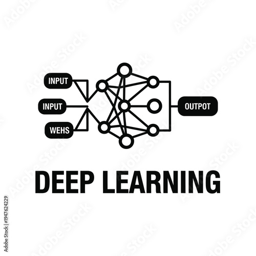 A minimalist black and white illustration depicts a neural network diagram with input and output nodes alongside the text deep learning high quality professional detailed modern