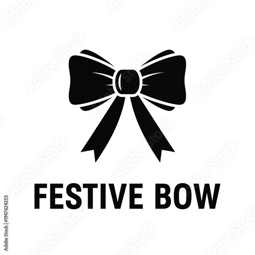 A stark black silhouette of a decorative bow is prominently displayed above the text festive bow in bold lettering high quality professional detailed modern
