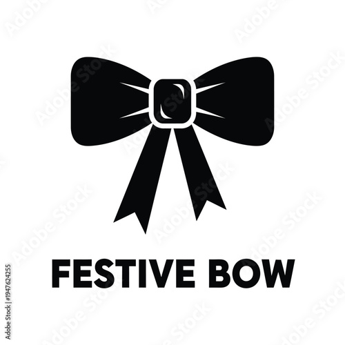 A simple black and white illustration depicts a classic bow shape with a central knot accompanied by the text festive bow high quality professional detailed modern