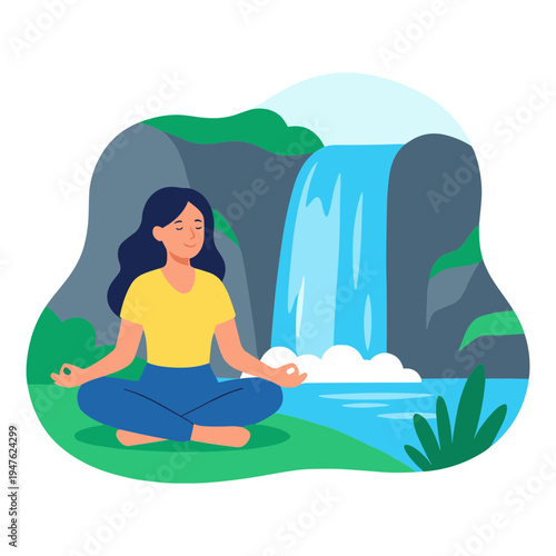 Woman meditates peacefully in serene nature surrounded by lush greenery and waterfall