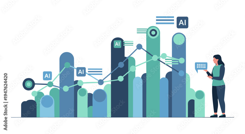 Obraz premium A woman analyzes an artificial intelligence-driven data visualization, showcasing intricate business analytics and technological advancement.