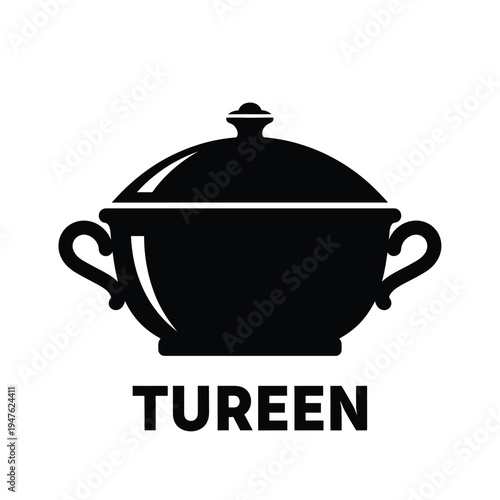 A stark black silhouette depicts a traditional tureen with handles and a domed lid accompanied by the word tureen below high quality professional detailed