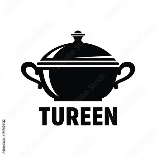 A stark black and white illustration depicts a traditional tureen with handles and a lid accompanied by the word tureen below high quality professional detailed modern