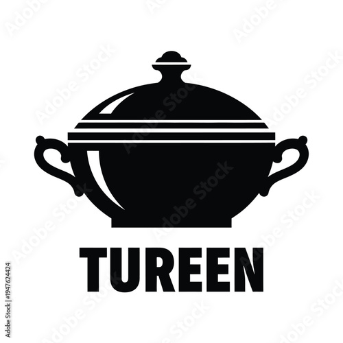 A stark black silhouette depicts a traditional tureen with ornate handles and a domed lid accompanied by its name high quality professional detailed modern