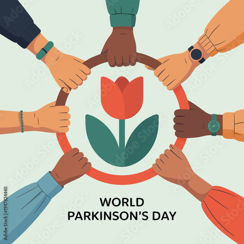 Diverse hands form a circle around a red tulip representing world parkinson s day