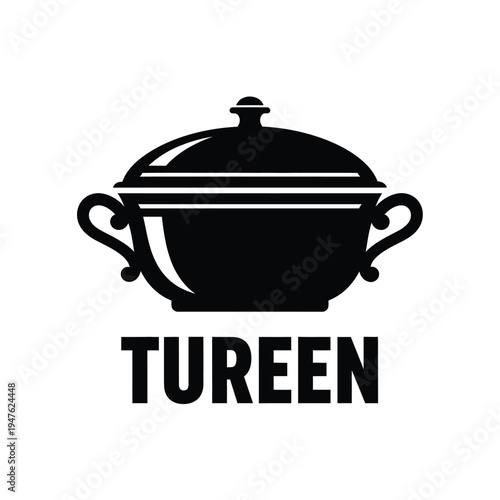 A simple black silhouette depicts a classic tureen with handles and a lid accompanied by the word tureen below high quality professional detailed modern