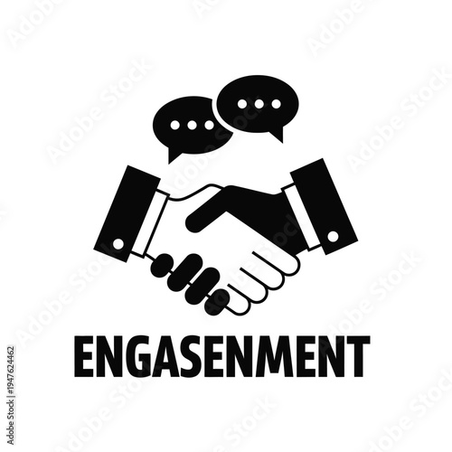 A stylized black and white image depicts a handshake with speech bubbles above symbolizing communication and the concept of engagement high quality professional detailed modern elegant