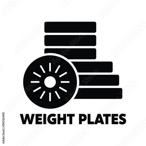 A black and white graphic depicts stacked weight plates with a single circular plate and the text weight plates high quality professional detailed modern