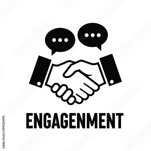 A black and white graphic depicts a handshake between two hands accompanied by speech bubbles symbolizing agreement and engagement high quality professional detailed modern