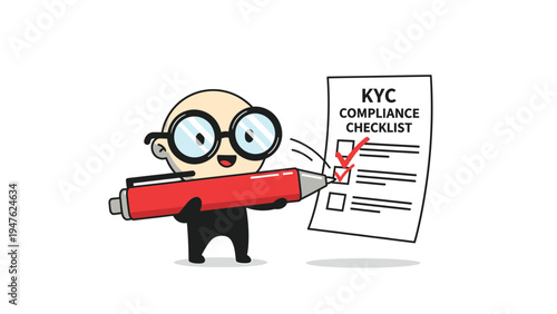 Cartoon Character Checking KYC Compliance Checklist with Red Pen, Illustrating Verification Process