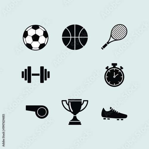 Sports Icons Set Vector Collection with Ball, Trophy, Stopwatch and Fitness Equipment