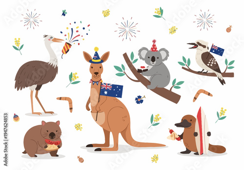 Cute Australian Animals Celebrating Australia Day Together.