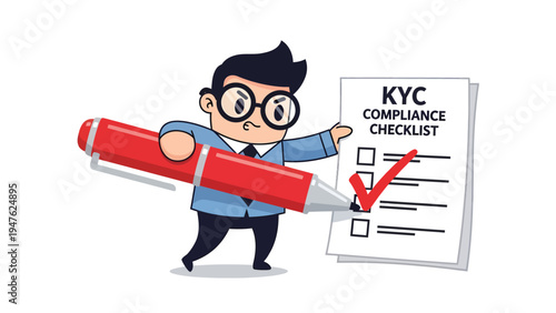 Cartoon Businessman Checking KYC Compliance Checklist with Red Pen Illustration