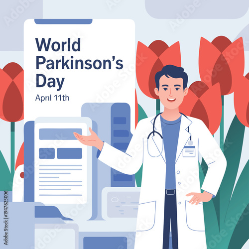 A doctor presents information about world parkinson s day with red tulips in the background