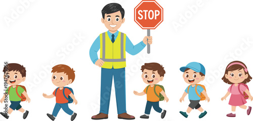 Cartoon school crossing guard holding a stop sign with children walking to school vector illustration