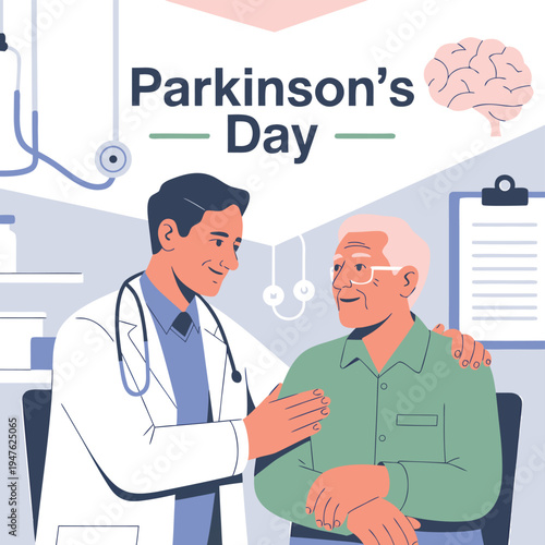 A doctor comforts a senior patient promoting awareness for parkinson s day high quality professional