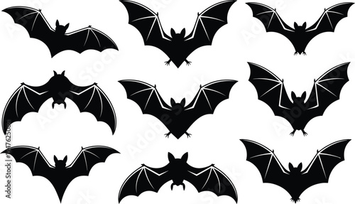Collection of Black Bat Silhouettes with Wings Extended in Different Poses on a White Background for Halloween Graphics