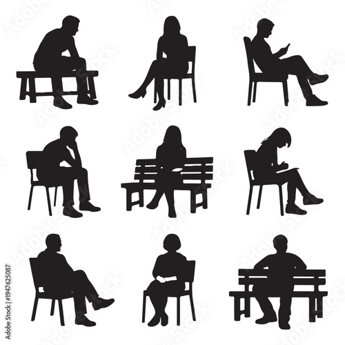 Silhouettes of Men, Women, and Teenagers Sitting on Benches and Chairs
