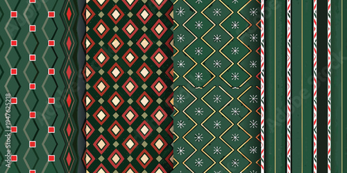 Seamless patterns with geometric shapes and festive color schemes