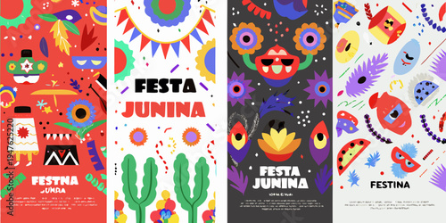 Colorful festa junina themed banners with traditional brazilian decorations