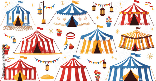 Colorful circus tents collection with carnival decorations, festival big top tents vector illustration set for fair, entertainment and celebration themes