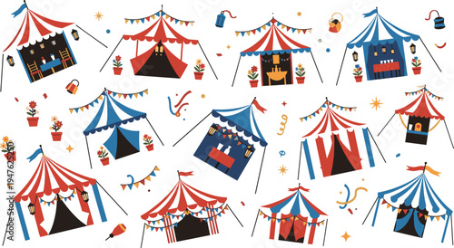 Colorful circus tents collection with carnival flags, lanterns and festival decorations, big top entertainment vector illustration set for fair celebration