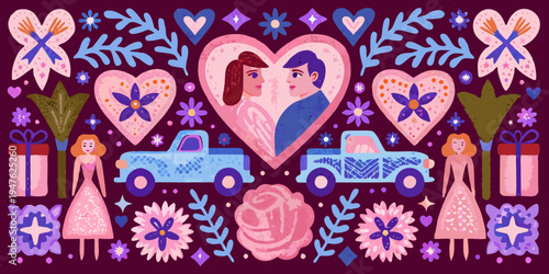 A colorful illustration depicting love relationships and celebratory elements