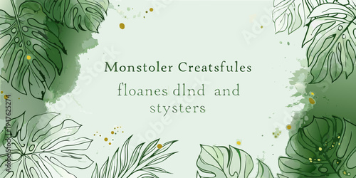 Watercolor monstera leaves frame a decorative text arrangement