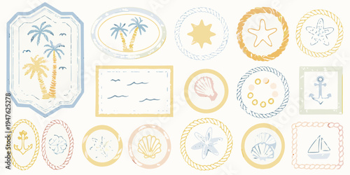 Collection of hand drawn summer icons featuring tropical and nautical themes
