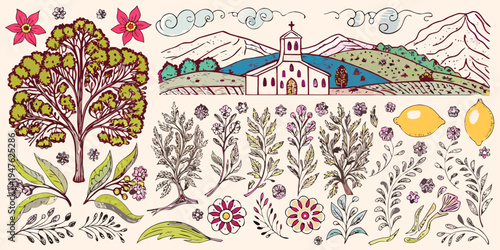 A colorful hand drawn illustration featuring a village flowers and foliage