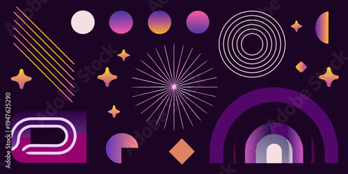 Abstract geometric shapes and lines in vibrant purple and gold tones