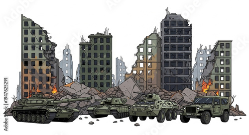 Military Tanks Destroy City Buildings.